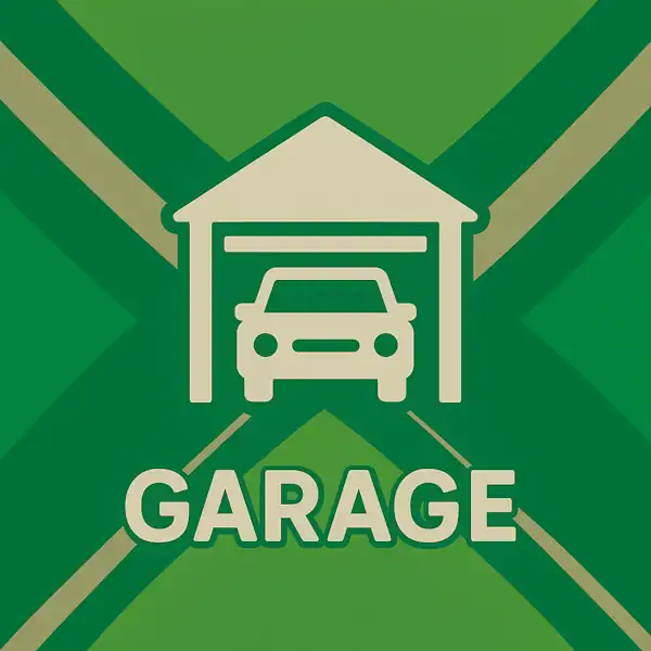 Wit pictogram van een auto in een garage, met daaronder de tekst “GARAGE” in hoofdletters, geplaatst op de vlag van de Achterhoek met donkergroene diagonale kruisen en roomwitte lijnen op een lichtgroene achtergrond.