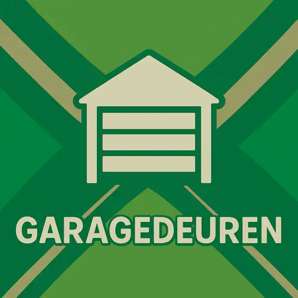Wit pictogram van een garage met horizontale garagedeurpanelen, met daaronder de tekst “GARAGEDEUREN” in hoofdletters, geplaatst op de vlag van de Achterhoek met donkergroene diagonale kruisen en roomwitte lijnen op een lichtgroene achtergrond.