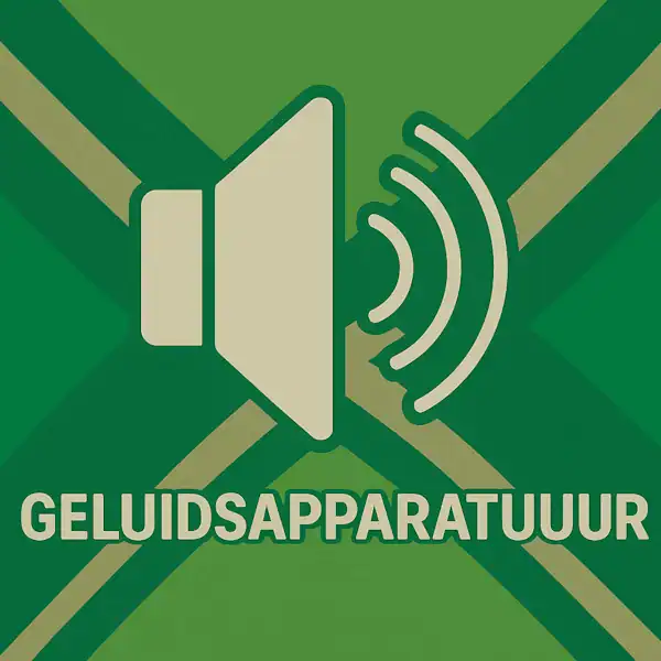 Wit pictogram van een luidspreker met geluidsgolven, met daaronder de tekst “GELUIDSAPPARATUUR” in hoofdletters, geplaatst op de vlag van de Achterhoek met donkergroene diagonale kruisen en roomwitte lijnen op een lichtgroene achtergrond.