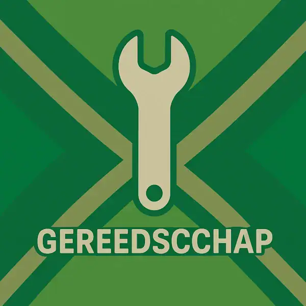 Wit pictogram van een moersleutel, met daaronder de tekst “GEREEDSCHAP” in hoofdletters, geplaatst op de vlag van de Achterhoek met donkergroene diagonale kruisen en roomwitte lijnen op een lichtgroene achtergrond.