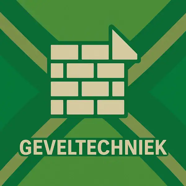 Wit pictogram van een gemetselde muur met een afgeschuind hoekelement, met daaronder de tekst “GEVELTECHNIEK” in hoofdletters, geplaatst op de vlag van de Achterhoek met donkergroene diagonale kruisen en roomwitte lijnen op een lichtgroene achtergrond.