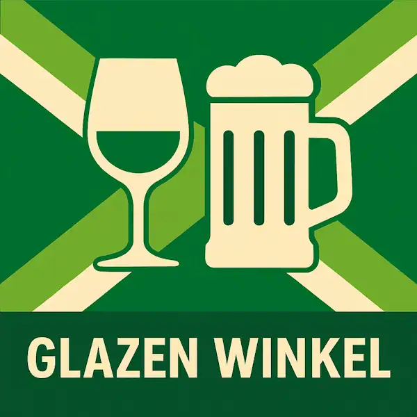 Logo van een wijnglas en bierpul in silhouet op de Achterhoekse vlag, met de tekst “GLAZEN WINKEL” onderin in een donkergroene balk.