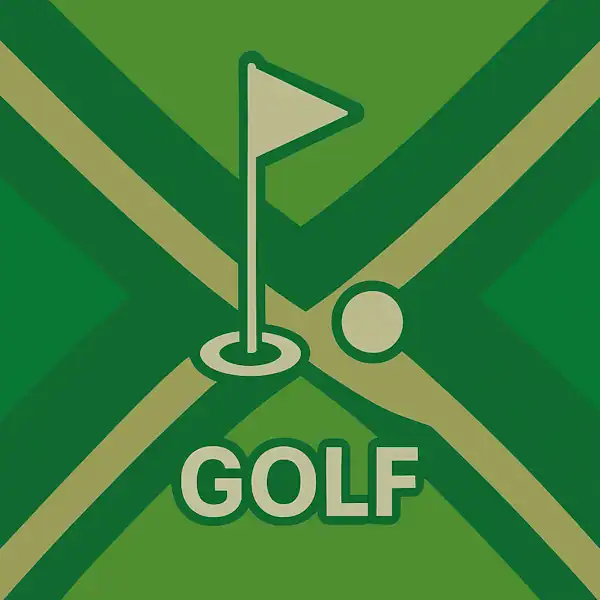 Wit pictogram van een golfhole met vlag en golfbal, met daaronder de tekst “GOLF” in hoofdletters, geplaatst op de vlag van de Achterhoek met donkergroene diagonale kruisen en roomwitte lijnen op een lichtgroene achtergrond.
