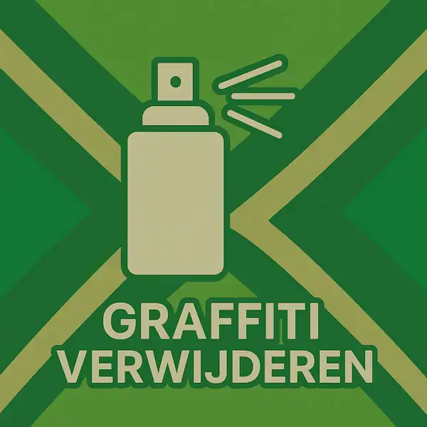 Wit pictogram van een spuitbus met spraylijnen, met daaronder de tekst “GRAFFITI VERWIJDEREN” in hoofdletters, geplaatst op de vlag van de Achterhoek met donkergroene diagonale kruisen en roomwitte lijnen op een lichtgroene achtergrond.