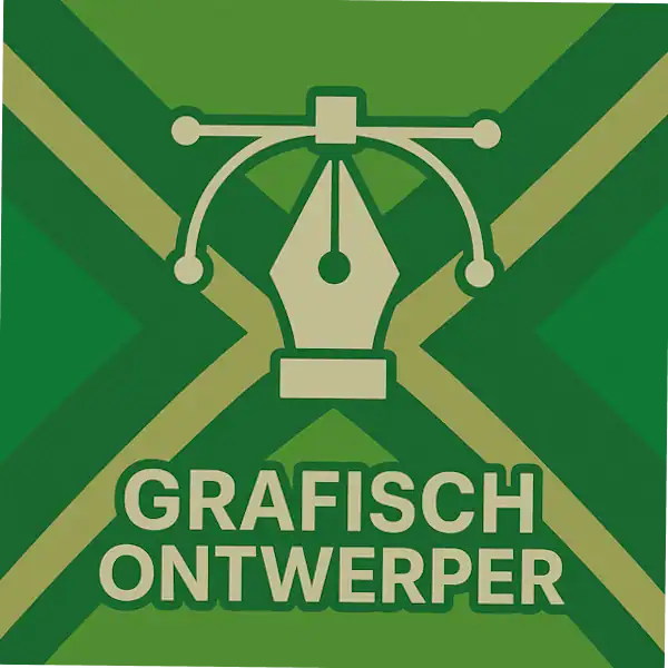 Wit pictogram van een grafisch pen-gereedschap (vector anchor point met handles), met daaronder de tekst “GRAFISCH ONTWERPER” in hoofdletters, geplaatst op de vlag van de Achterhoek met donkergroene diagonale kruisen en roomwitte lijnen op een lichtgroene achtergrond.