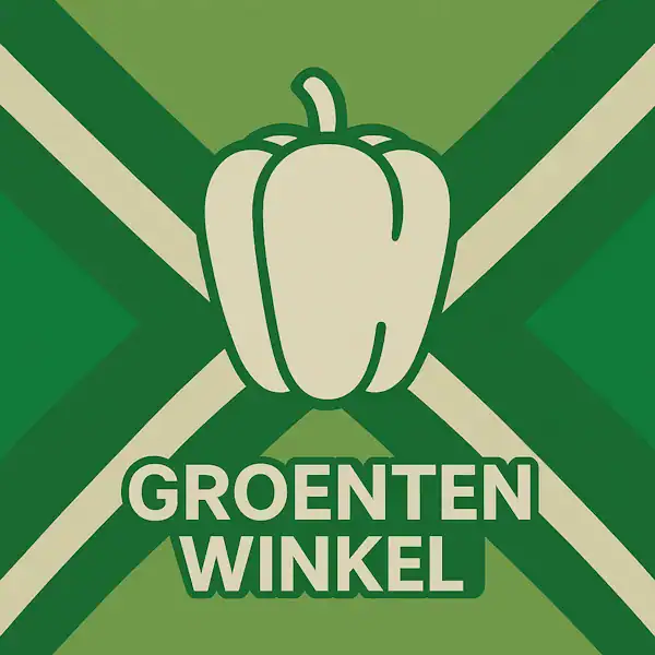 Wit pictogram van een paprika als symbool voor groente, met daaronder de tekst “GROENTEWINKEL” in hoofdletters, geplaatst op de vlag van de Achterhoek met donkergroene diagonale kruisen en roomwitte lijnen op een lichtgroene achtergrond.