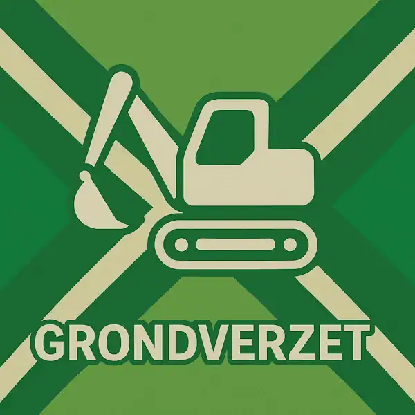 Wit pictogram van een graafmachine met een gebogen arm en rupsbanden, met daaronder de tekst “GRONDVERZET” in hoofdletters, geplaatst op de vlag van de Achterhoek met donkergroene diagonale kruisen en roomwitte lijnen op een lichtgroene achtergrond.
