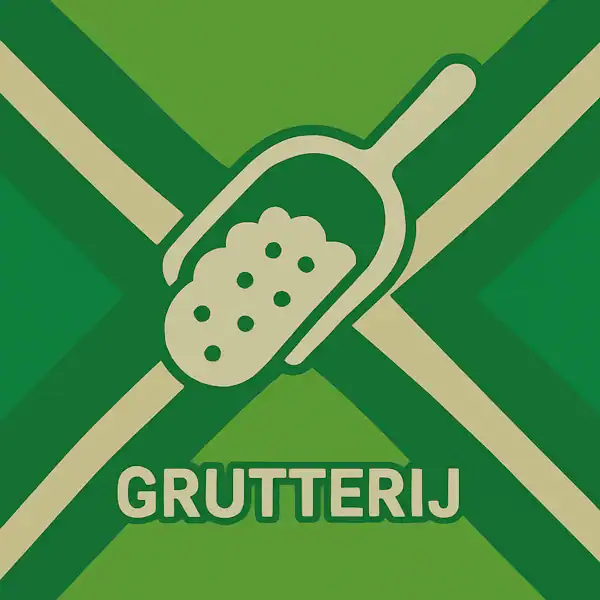 Wit pictogram van een graanschep gevuld met granen, met daaronder de tekst “GRUTTERIJ” in hoofdletters, geplaatst op de vlag van de Achterhoek met donkergroene diagonale kruisen en roomwitte lijnen op een lichtgroene achtergrond.