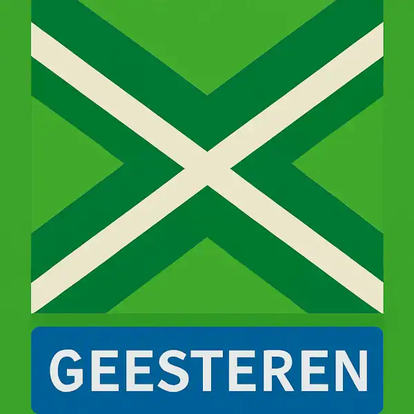 Plaatsnaambord met de tekst "GEESTEREN" in witte hoofdletters op een blauwe balk. Daarboven een vlag met lichtgroene achtergrond, een wit St. Andrieskruis gecentreerd in een donkergroen kruispatroon — overeenkomstig het originele vlagontwerp.