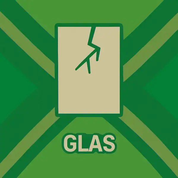 Wit pictogram van een rechthoekig ruitje met een barst erin als symbool voor glas, met daaronder de tekst “GLAS” in hoofdletters, geplaatst op de vlag van de Achterhoek met donkergroene diagonale kruisen en roomwitte lijnen op een lichtgroene achtergrond.