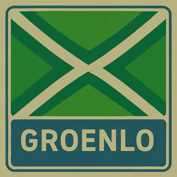 Plaatsnaambord met de tekst "GROENLO" in witte hoofdletters op een blauw vlak, met daarboven een groene vlag met een crèmekleurig kruispatroon.