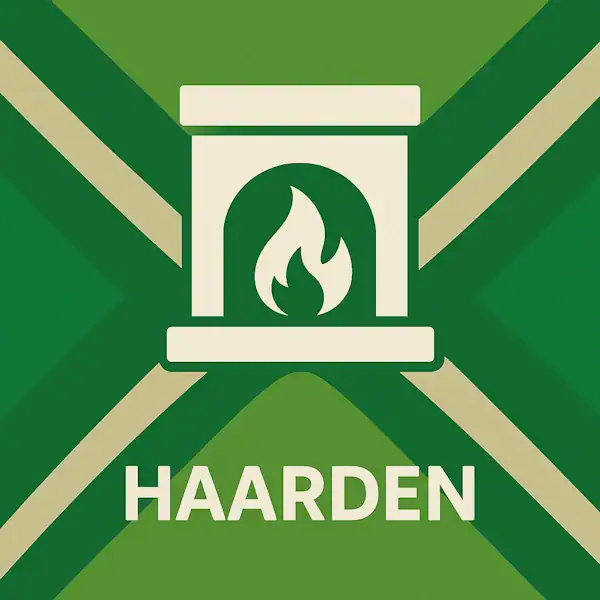 Wit pictogram van een haard met vlam, met daaronder de correct gespelde tekst “HAARDEN” in hoofdletters, geplaatst op de vlag van de Achterhoek met donkergroene diagonale kruisen en roomwitte lijnen op een lichtgroene achtergrond.