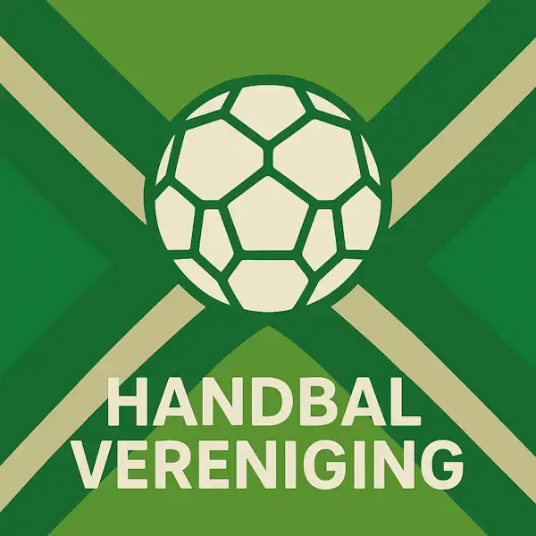 Wit pictogram van een handbal met zeshoekige vlakken, met daaronder de tekst “HANDBAL VERENIGING” in hoofdletters, geplaatst op de vlag van de Achterhoek met donkergroene diagonale kruisen en roomwitte lijnen op een lichtgroene achtergrond.
