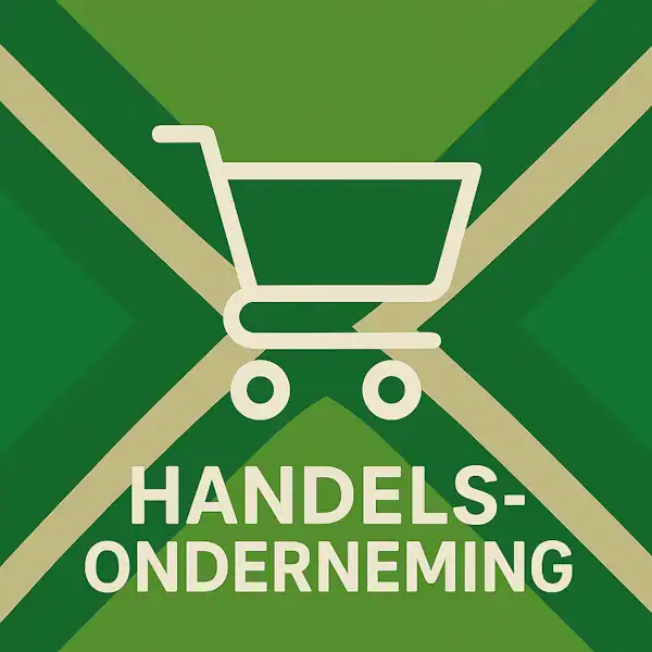 Wit pictogram van een winkelwagentje als symbool voor handel, met daaronder de tekst “HANDELSONDERNEMING” in hoofdletters, geplaatst op de vlag van de Achterhoek met donkergroene diagonale kruisen en roomwitte lijnen op een lichtgroene achtergrond.