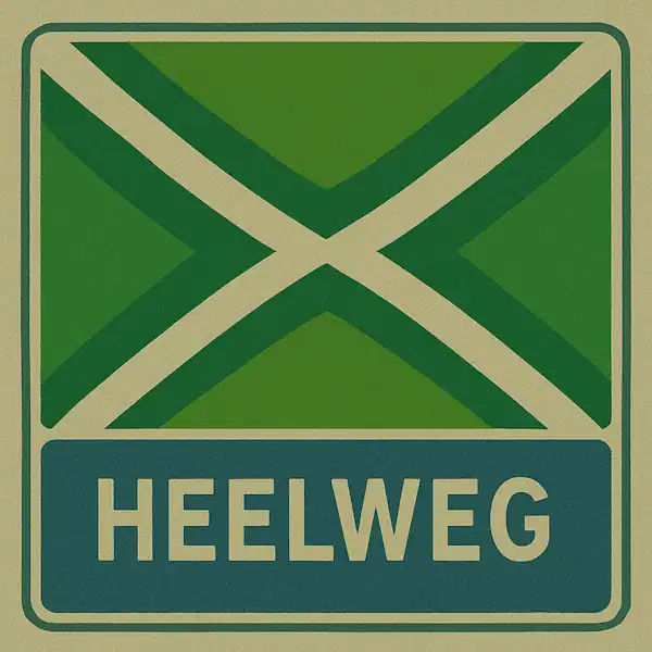 Plaatsnaambord met de tekst "HEELWEG" in witte hoofdletters op een blauw vlak, met daarboven een groene vlag met een crèmekleurig kruispatroon.