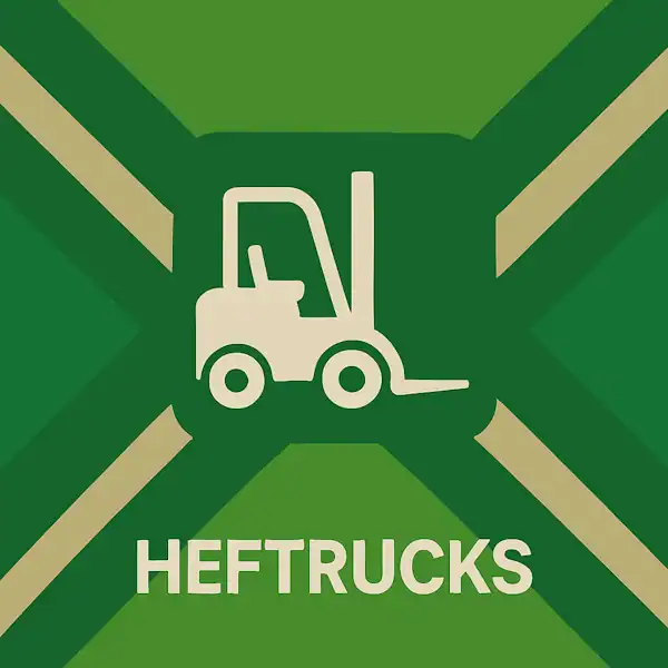 Wit pictogram van een heftruck met vorken naar voren, met daaronder de tekst “HEFTRUCKS” in hoofdletters, geplaatst op de vlag van de Achterhoek met donkergroene diagonale kruisen en roomwitte lijnen op een lichtgroene achtergrond.