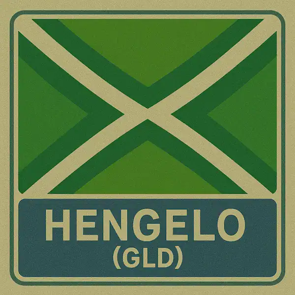 Plaatsnaambord met de tekst "HENGELO (GLD)" in witte hoofdletters op een blauw vlak, met daarboven een groene vlag met een crèmekleurig kruispatroon.