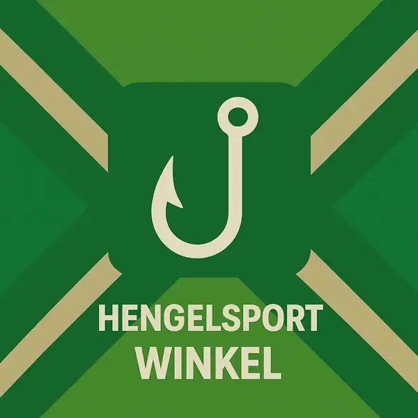 Wit pictogram van een vishaak als symbool voor hengelsport, met daaronder de tekst “HENGELSPORT WINKEL” in hoofdletters, geplaatst op de vlag van de Achterhoek met donkergroene diagonale kruisen en roomwitte lijnen op een lichtgroene achtergrond.