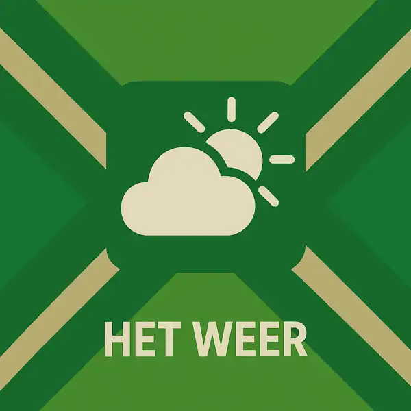 Wit pictogram van een zon deels achter een wolk als symbool voor weer, met daaronder de tekst “HET WEER” in hoofdletters, geplaatst op de vlag van de Achterhoek met donkergroene diagonale kruisen en roomwitte lijnen op een lichtgroene achtergrond.
