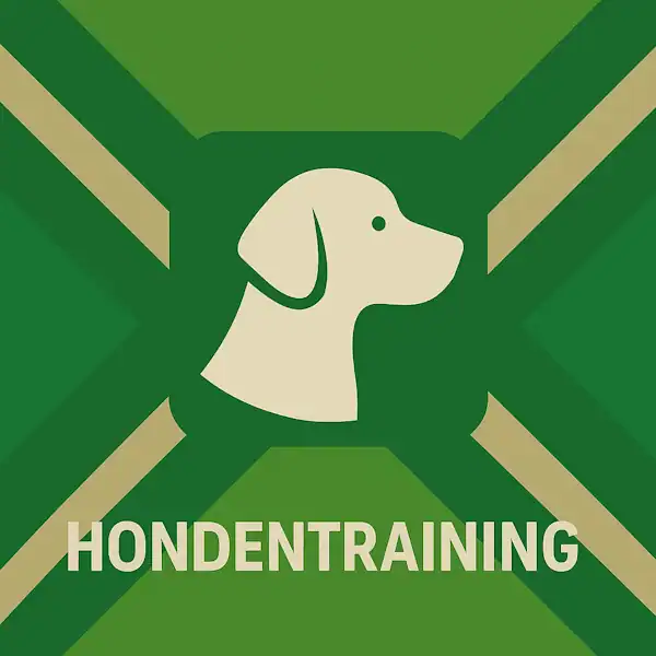 Wit pictogram van een hondenprofiel als symbool voor training, met daaronder de tekst “HONDENTRAINING” in hoofdletters, geplaatst op de vlag van de Achterhoek met donkergroene diagonale kruisen en roomwitte lijnen op een lichtgroene achtergrond.