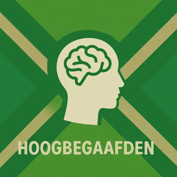 Wit pictogram van een mensenhoofd in profiel met een hersenstructuur erin, met daaronder de tekst “HOOGBEGAAFDE” in hoofdletters, geplaatst op de vlag van de Achterhoek met donkergroene diagonale kruisen en roomwitte lijnen op een lichtgroene achtergrond.