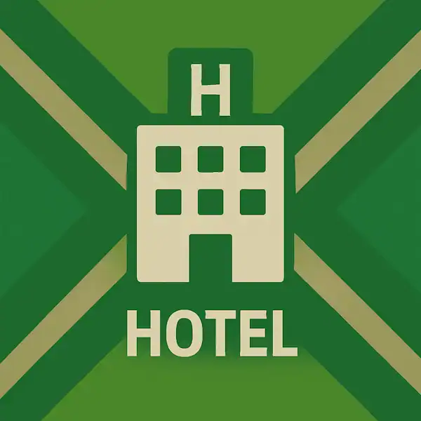 Wit pictogram van een hotelgebouw met ramen en een “H” bovenop, met daaronder de tekst “HOTEL” in hoofdletters, geplaatst op de vlag van de Achterhoek met donkergroene diagonale kruisen en roomwitte lijnen op een lichtgroene achtergrond.