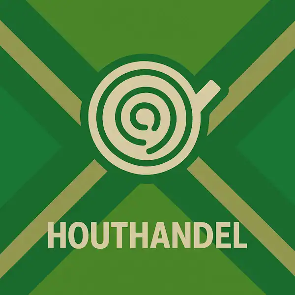 Wit pictogram van een boomstamschijf met jaarringen als symbool voor hout, met daaronder de tekst “HOUTHANDEL” in hoofdletters, geplaatst op de vlag van de Achterhoek met donkergroene diagonale kruisen en roomwitte lijnen op een lichtgroene achtergrond.