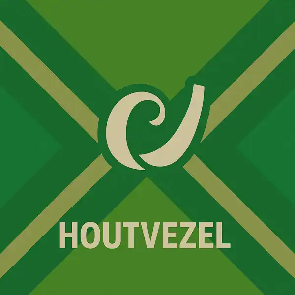 Wit pictogram van een gestileerde houtkrul als symbool voor houtvezel, met daaronder de tekst “HOUTVEZEL” in hoofdletters, geplaatst op de vlag van de Achterhoek met donkergroene diagonale kruisen en roomwitte lijnen op een lichtgroene achtergrond.