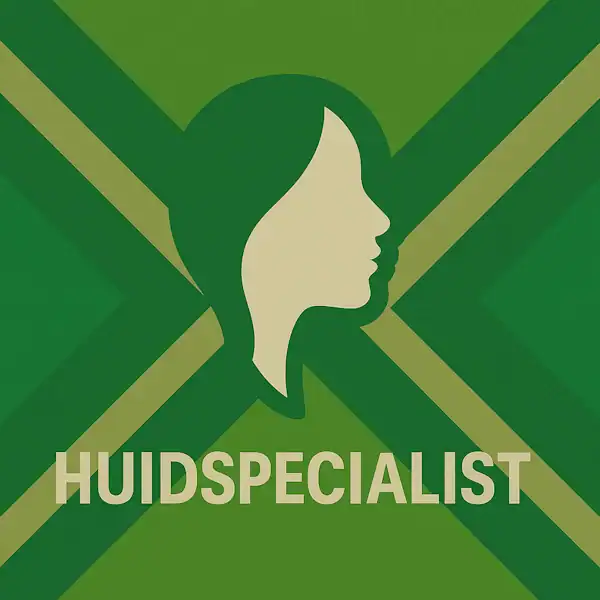 Wit pictogram van een vrouwenprofiel als symbool voor huidverzorging, met daaronder de tekst “HUIDSPECIALIST” in hoofdletters, geplaatst op de vlag van de Achterhoek met donkergroene diagonale kruisen en roomwitte lijnen op een lichtgroene achtergrond.