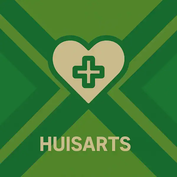 Wit pictogram van een hart met medisch kruis als symbool voor eerstelijnszorg, met daaronder de tekst “HUISARTS” in hoofdletters, geplaatst op de vlag van de Achterhoek met donkergroene diagonale kruisen en roomwitte lijnen op een lichtgroene achtergrond.