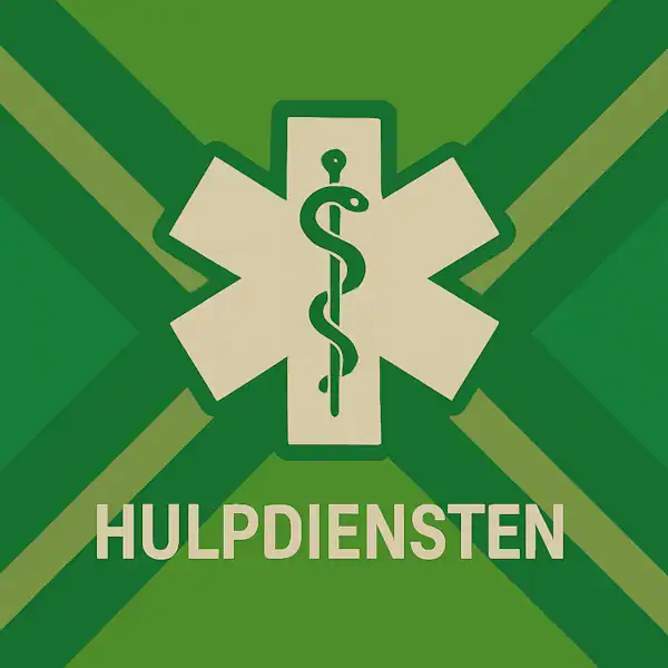 Wit pictogram van een medische ster (Star of Life) met een esculaap als symbool voor noodhulp, met daaronder de tekst “HULPDIENSTEN” in hoofdletters, geplaatst op de vlag van de Achterhoek met donkergroene diagonale kruisen en roomwitte lijnen op een lichtgroene achtergrond.