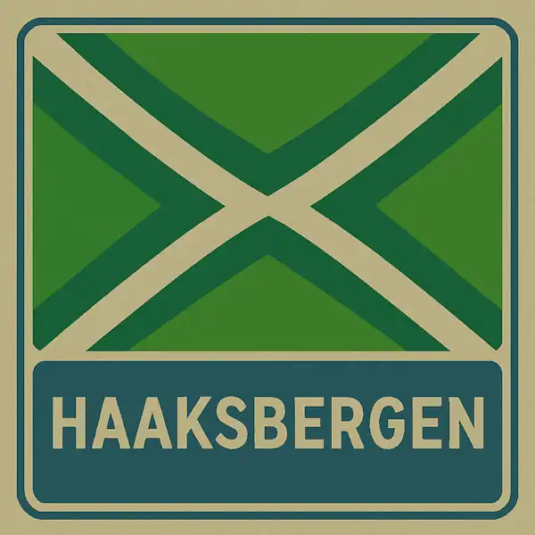 Plaatsnaambord met de tekst "HAAKSBERGEN" in witte hoofdletters op een blauw vlak, met daarboven een groene vlag met een crèmekleurig kruispatroon.
