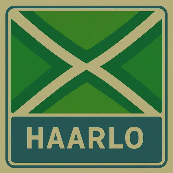 Plaatsnaambord met de tekst "HAARLO" in witte hoofdletters op een blauw vlak, met daarboven een groene vlag met een crèmekleurig kruispatroon.