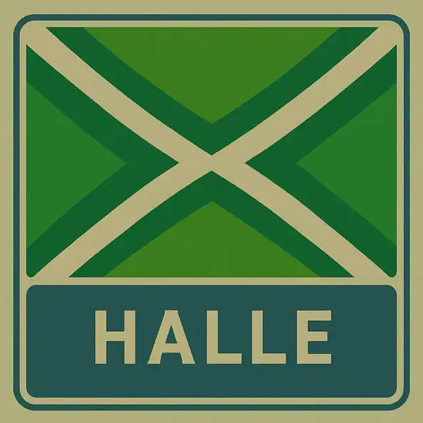 Plaatsnaambord met de tekst "HALLE" in witte hoofdletters op een blauw vlak, met daarboven een groene vlag met een crèmekleurig kruispatroon.
