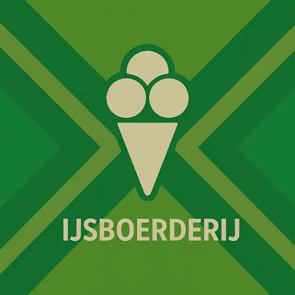 Wit pictogram van een ijsje met drie bolletjes als symbool voor een ijsboerderij, met daaronder de tekst “IJSBOERDERIJ” in hoofdletters, geplaatst op de vlag van de Achterhoek met donkergroene diagonale kruisen en roomwitte lijnen op een lichtgroene achtergrond.