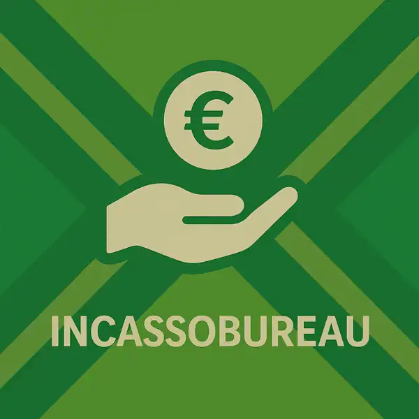 Wit pictogram van een hand die een munt met euroteken vasthoudt, als symbool voor financiële incasso, met daaronder de tekst “INCASSOBUREAU” in hoofdletters, geplaatst op de vlag van de Achterhoek met donkergroene diagonale kruisen en roomwitte lijnen op een lichtgroene achtergrond.
