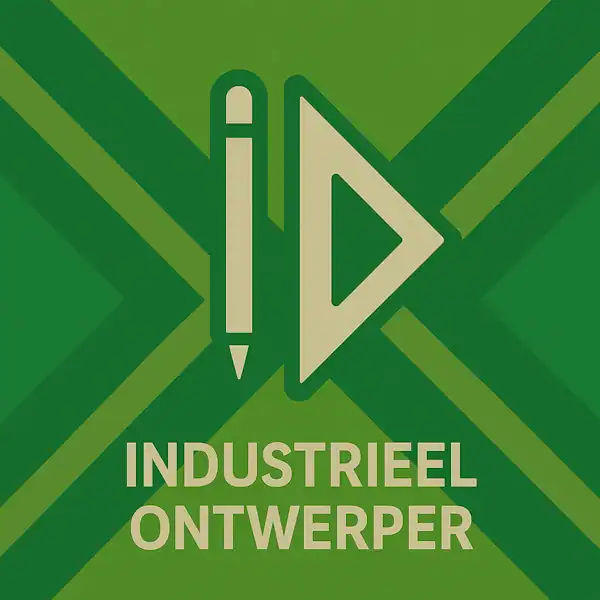 Wit pictogram van een potlood naast een driehoekslineaal als symbool voor ontwerp, met daaronder de tekst “INDUSTRIEEL ONTWERPER” in hoofdletters, geplaatst op de vlag van de Achterhoek met donkergroene diagonale kruisen en roomwitte lijnen op een lichtgroene achtergrond.