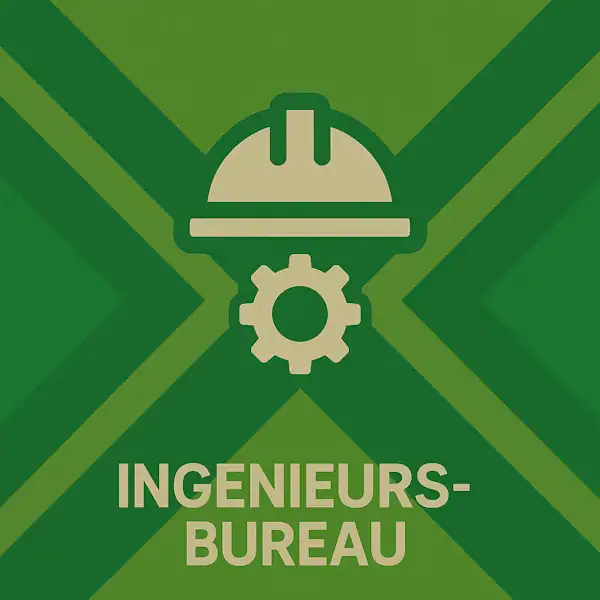 Wit pictogram van een veiligheidshelm met een tandwiel eronder als symbool voor techniek en ontwerp, met daaronder de tekst “INGENIEURSBUREAU” in hoofdletters, geplaatst op de vlag van de Achterhoek met donkergroene diagonale kruisen en roomwitte lijnen op een lichtgroene achtergrond.
