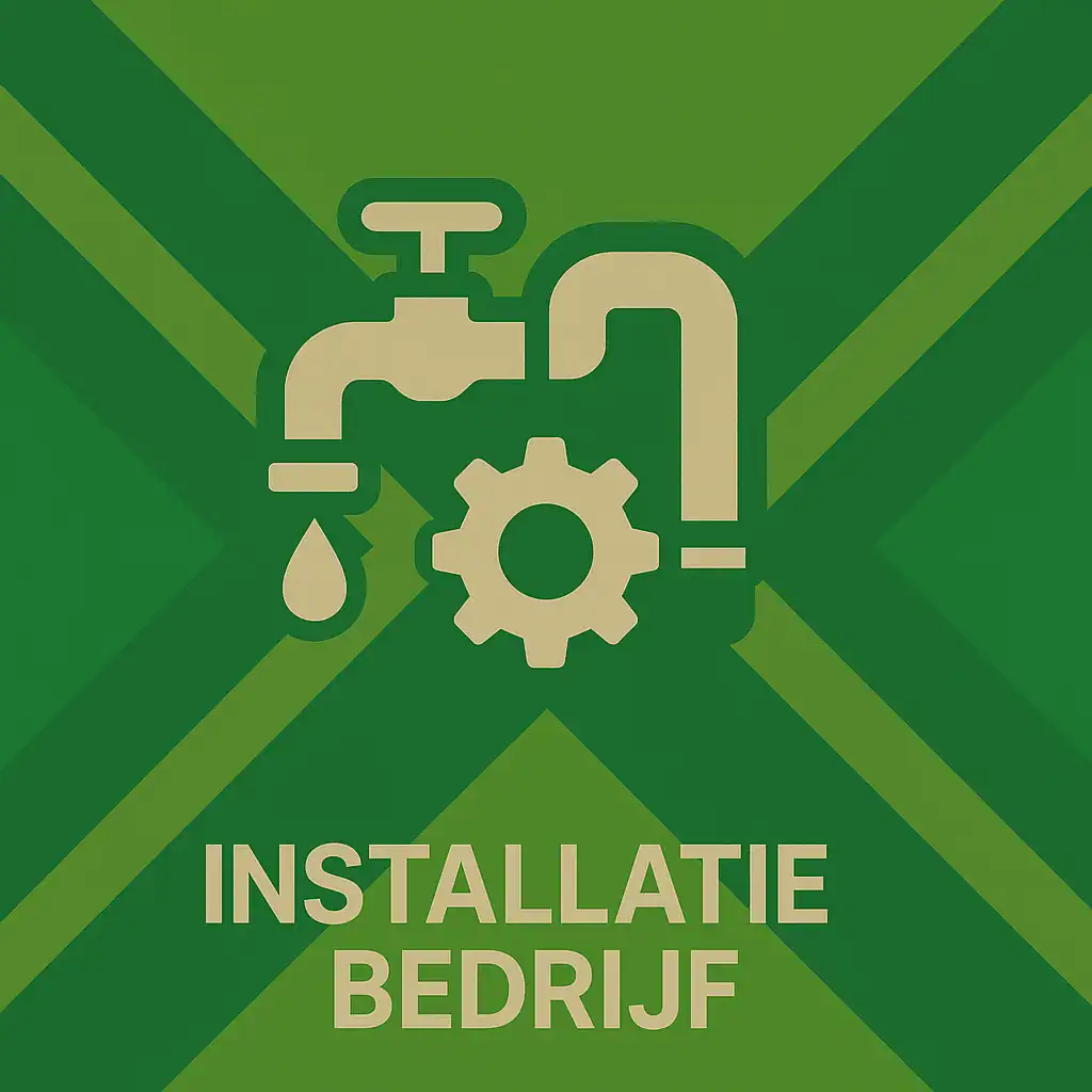 Wit pictogram van een waterkraan met een tandwiel als symbool voor technische installaties, met daaronder de tekst “INSTALLATIEBEDRIJF” in hoofdletters, geplaatst op de vlag van de Achterhoek met donkergroene diagonale kruisen en roomwitte lijnen op een lichtgroene achtergrond.