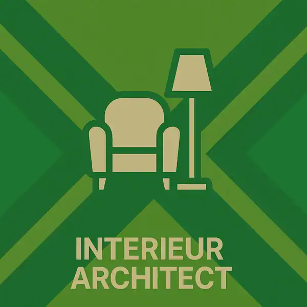 Wit pictogram van een fauteuil naast een staande lamp als symbool voor interieurontwerp, met daaronder de tekst “INTERIEUR ARCHITECT” in hoofdletters, geplaatst op de vlag van de Achterhoek met donkergroene diagonale kruisen en roomwitte lijnen op een lichtgroene achtergrond.