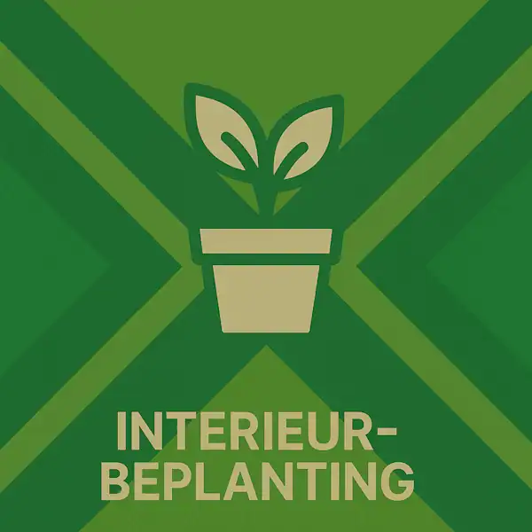 Wit pictogram van een bloempot met twee sierlijke bladeren als symbool voor binnenbeplanting, met daaronder de tekst “INTERIEURBEPLANTING” in hoofdletters, geplaatst op de vlag van de Achterhoek met donkergroene diagonale kruisen en roomwitte lijnen op een lichtgroene achtergrond.