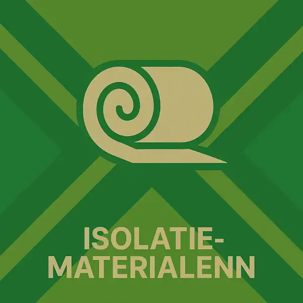 Wit pictogram van een opgerolde isolatiemat als symbool voor isolatiematerialen, met daaronder de tekst “ISOLATIEMATERIALEN” in hoofdletters, geplaatst op de vlag van de Achterhoek met donkergroene diagonale kruisen en roomwitte lijnen op een lichtgroene achtergrond.