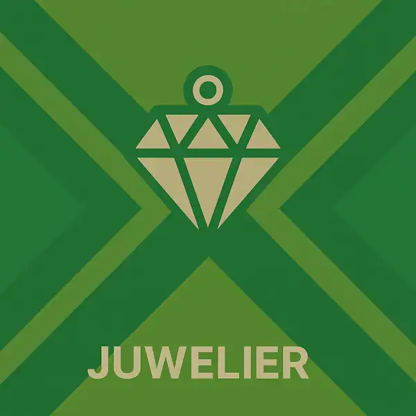 Wit pictogram van een gestileerde diamant als symbool voor sieraden, met daaronder de tekst “JUWELIER” in hoofdletters, geplaatst op de vlag van de Achterhoek met donkergroene diagonale kruisen en roomwitte lijnen op een lichtgroene achtergrond.