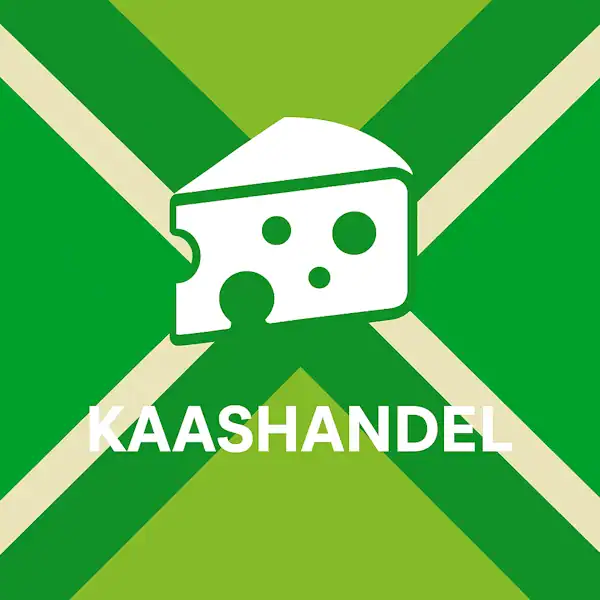 Wit pictogram van een kaaswiel met gaten en een uitgesneden punt, met daaronder de tekst “KAASHANDEL” in hoofdletters, geplaatst op de vlag van de Achterhoek met donkergroene diagonale kruisen en roomwitte lijnen op een lichtgroene achtergrond.
