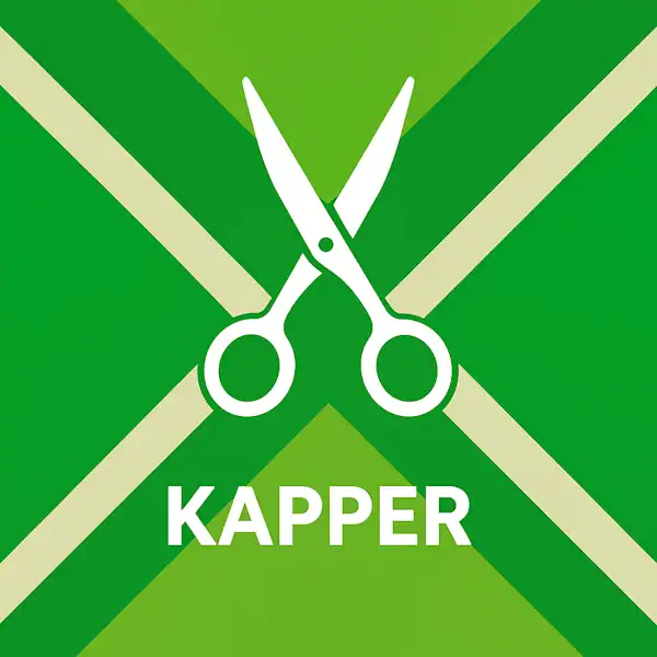 Wit pictogram van een schaar als symbool voor kappersdiensten, met daaronder de tekst “KAPPER” in hoofdletters, geplaatst op de vlag van de Achterhoek met donkergroene diagonale kruisen en roomwitte lijnen op een lichtgroene achtergrond.
