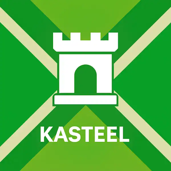 Wit pictogram van een kasteeltoren met kantelen, met daaronder de tekst “KASTEEL” in hoofdletters, geplaatst op de vlag van de Achterhoek met donkergroene diagonale kruisen en roomwitte lijnen op een lichtgroene achtergrond.