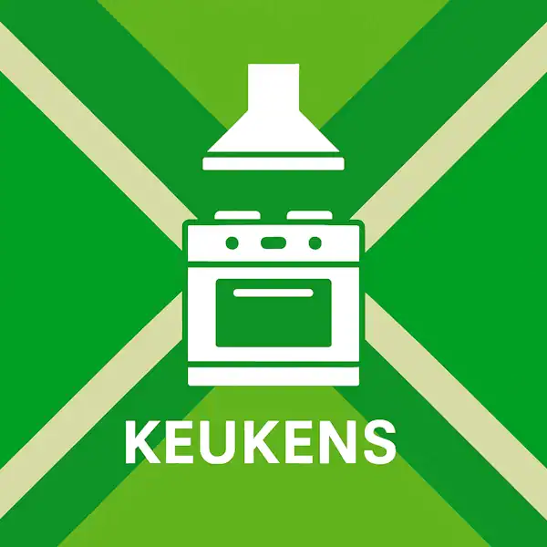 Wit pictogram van een fornuis met afzuigkap, met daaronder de tekst “KEUKENS” in hoofdletters, geplaatst op de vlag van de Achterhoek met donkergroene diagonale kruisen en roomwitte lijnen op een lichtgroene achtergrond.