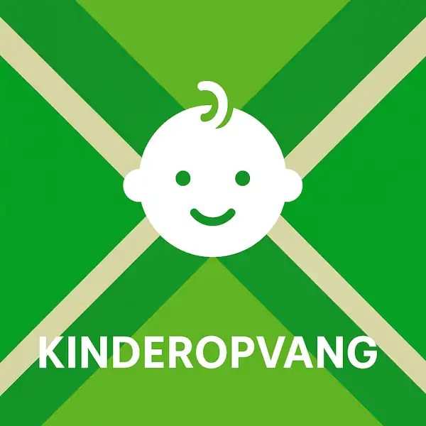 Wit pictogram van een lachend babygezichtje, met daaronder de tekst “KINDEROPVANG” in hoofdletters, geplaatst op de vlag van de Achterhoek met donkergroene diagonale kruisen en roomwitte lijnen op een lichtgroene achtergrond.