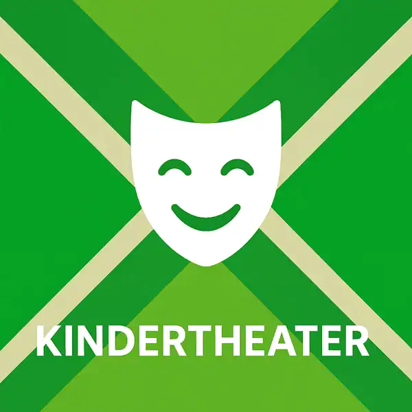 Wit pictogram van een vrolijk theatermasker als symbool voor kindertheater, met daaronder de tekst “KINDERTHEATER” in hoofdletters, geplaatst op de vlag van de Achterhoek met donkergroene diagonale kruisen en roomwitte lijnen op een lichtgroene achtergrond.