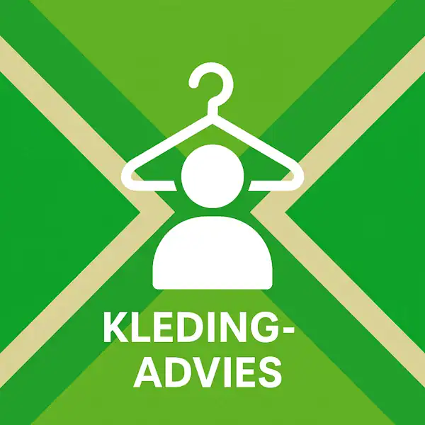 Wit pictogram van een persoon met een kledinghanger erboven als symbool voor stijladvies, met daaronder de tekst “KLEDINGADVIES” in hoofdletters, geplaatst op de vlag van de Achterhoek met donkergroene diagonale kruisen en roomwitte lijnen op een lichtgroene achtergrond.